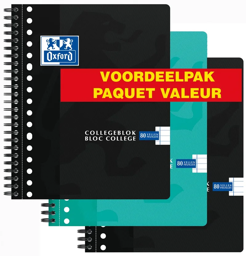 School collegeblok, ft A5+, 160 bladzijden, 17-gaats, gelijnd, assorti, 3 stuks by Oxford – product photo