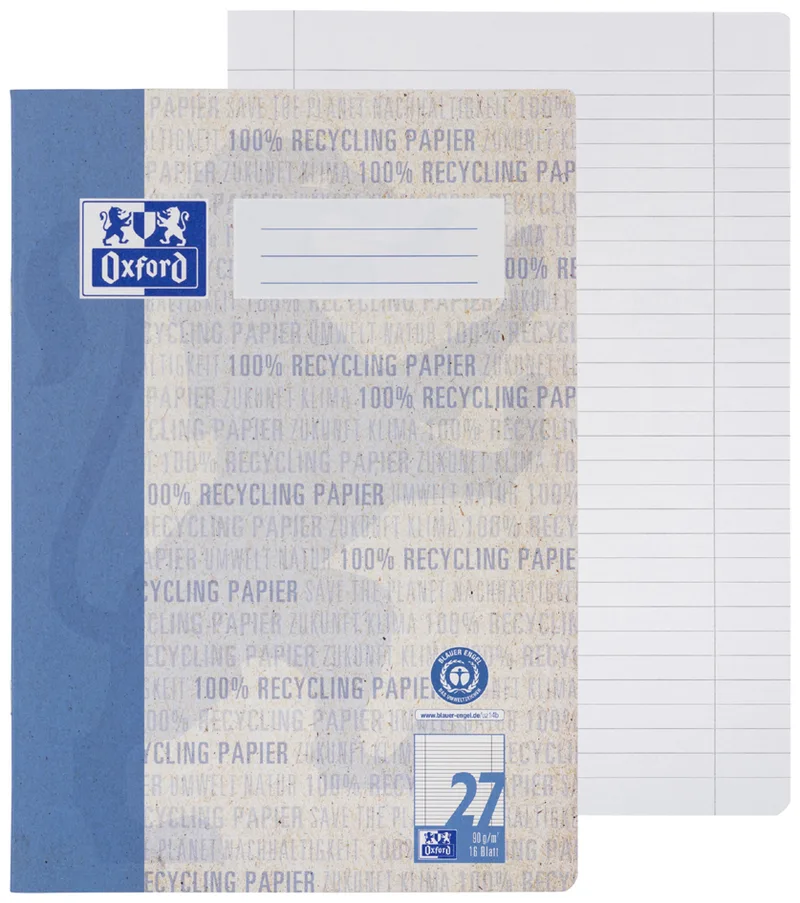Schulheft , Recycling, , DIN A4, 16 Blatt, Lineatur 27 von Oxford – Produktfoto