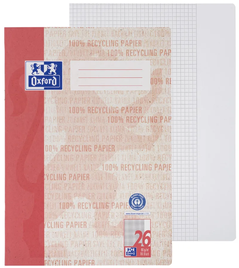 Schulheft , Recycling, , DIN A4, Lineatur 26 / kariert by Oxford – product photo