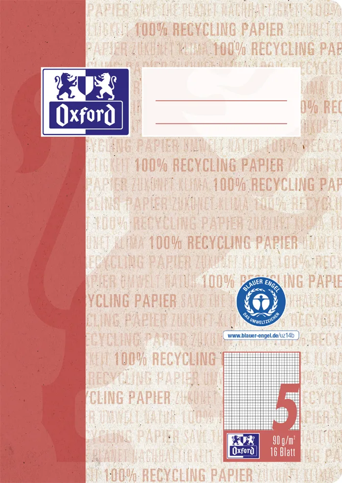 Schulheft , Recycling, , DIN A5, 16 Blatt, Lineatur 5 von Oxford – Produktfoto