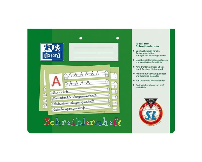 Schulheft, Schreiblernheft, A4 quer, liniert (Lineatur SL), gelocht, 16 Blatt von Oxford in Grün – Produktfoto