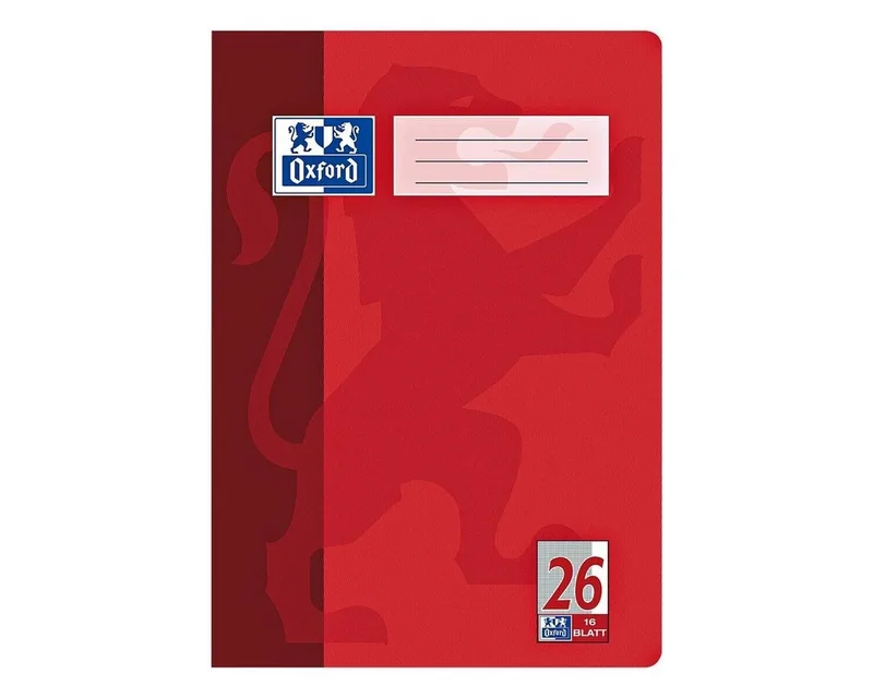 Schulheft Schule, A4, kariert (Lineatur 26), Außenrand, ungelocht, 16 Blatt von Oxford in Rot, Weiß – Produktfoto