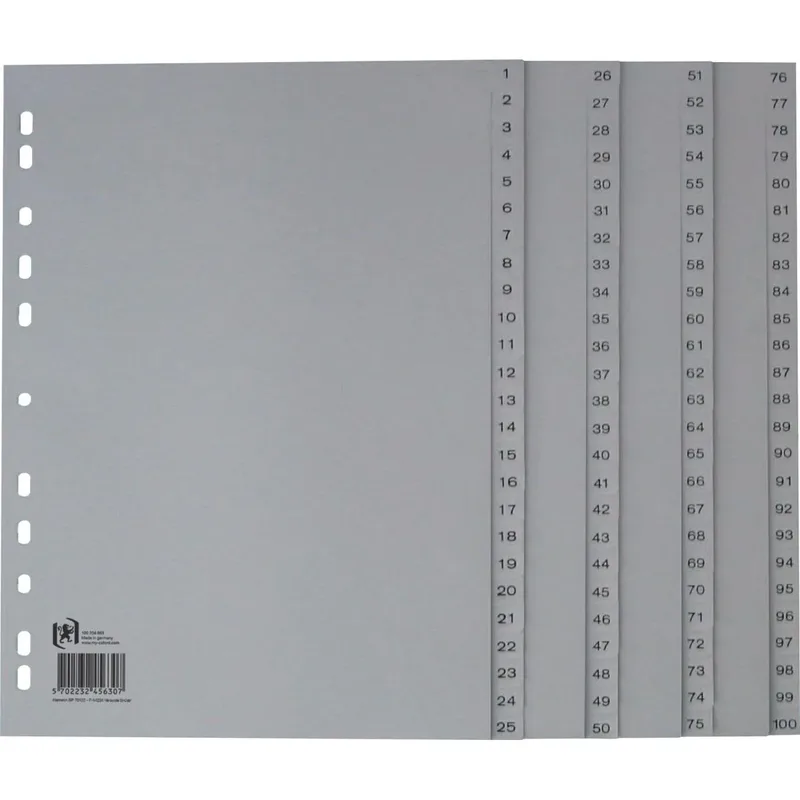 tabbladen, A4, uit PP, 11-gaatsperforatie, 100 genummerde tabs, grijs de Oxford – photo produit