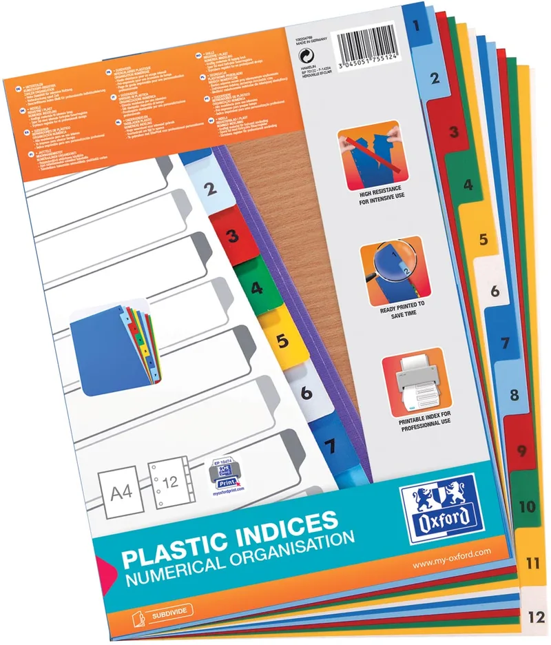 tabbladen, formaat A4, uit gekleurde PP, 11-gaatsperforatie, set 1-12 by Oxford – product photo