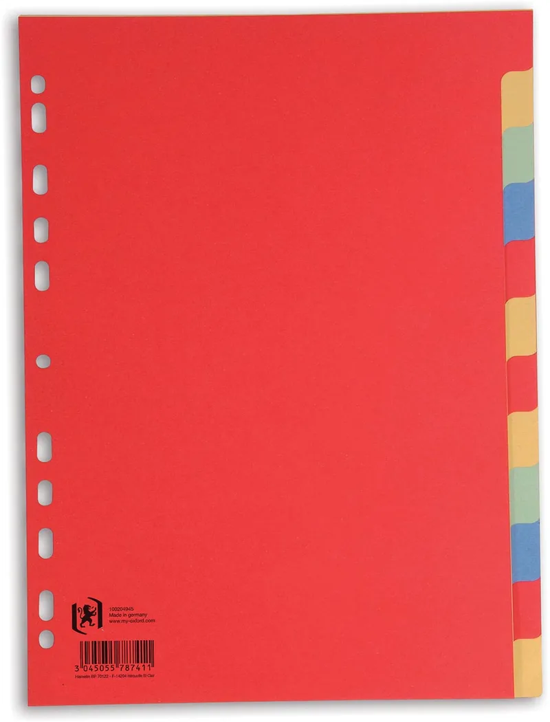 tabbladen, formaat A4, uit karton, onbedrukt, 11-gaatsperforatie, geassorteerde kleuren, 12 tabs van Oxford – productfoto