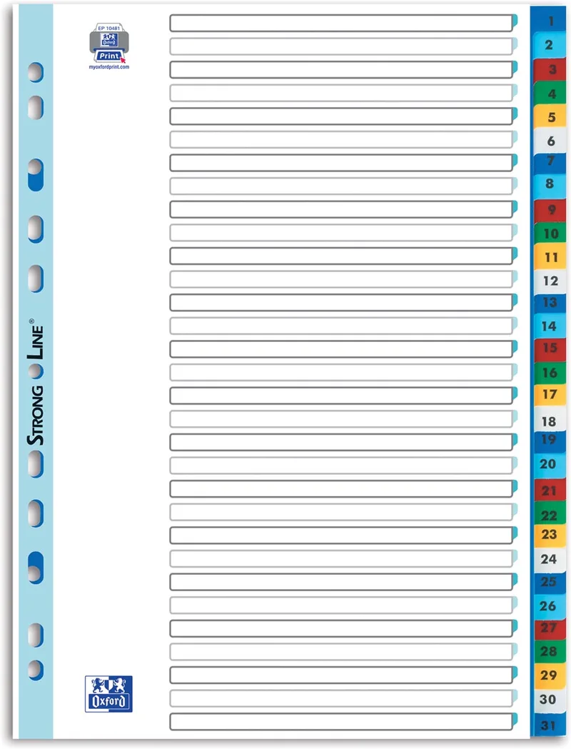 tabbladen, formaat A4, uit PP, 11-gaatsperforatie, gekleurde tabs, set 1-31 by Oxford – product photo