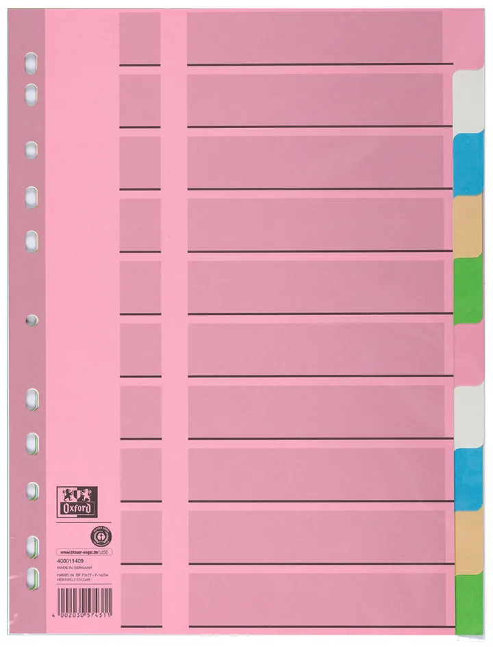 Tauenpapier-Register, blanko, A4, farbig, 10-teilig von Oxford – Produktfoto