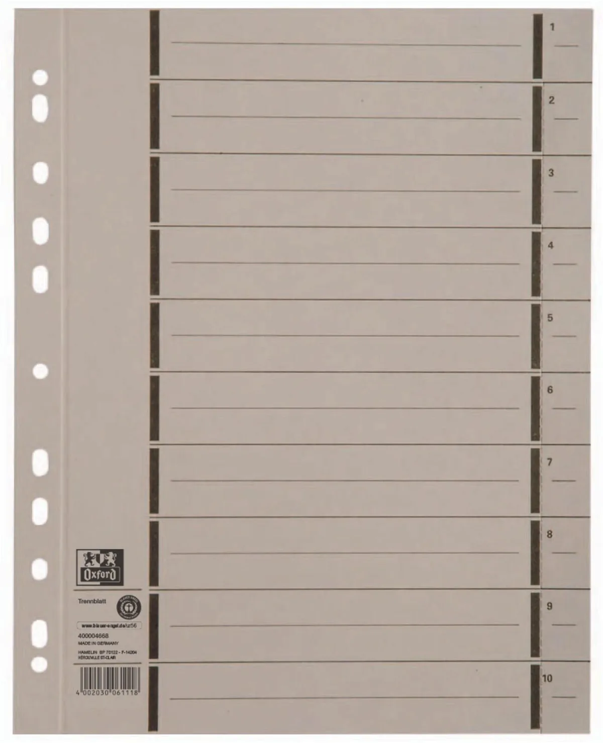 Trennblätter DIN A4 250 g/m² grau van Oxford – productfoto