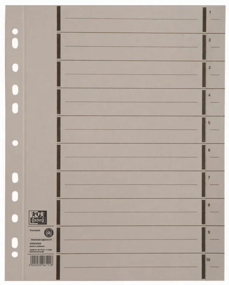 Trennblätter mit Perforation, DIN A4, grau by Oxford – product photo