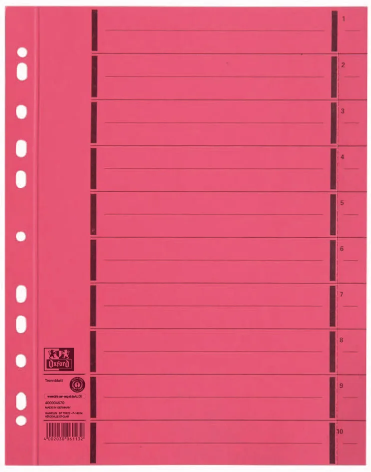 Trennblätter mit Perforation, DIN A4, rot von Oxford – Produktfoto