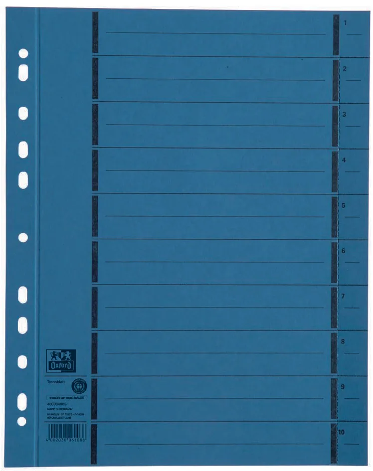 Trennblätter mit Perforation, DIN A4 Überbreite, blau by Oxford – product photo