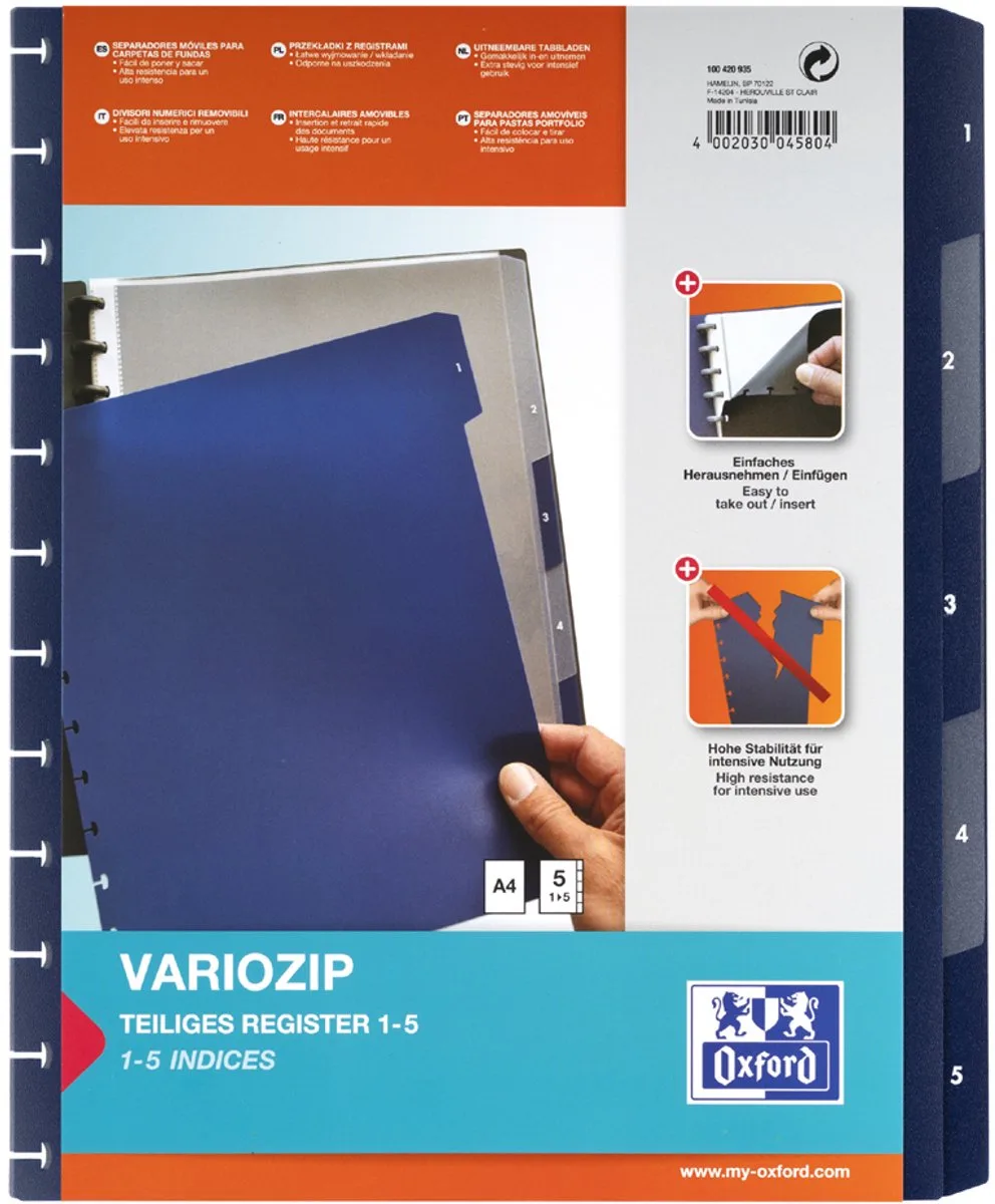 vario-zipp tabbladen, 5-delig, A4, 245 x 316 mm van Oxford in Donkerblauw – productfoto