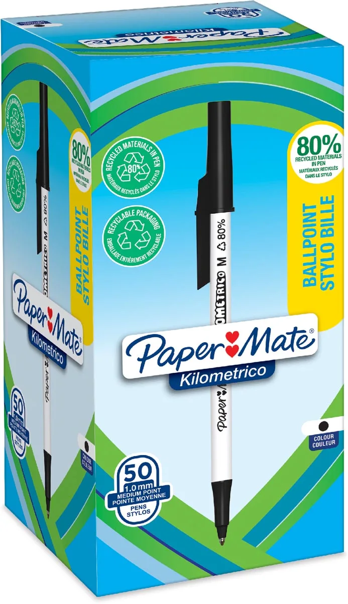balpen Kilometrico, medium, doos van 50 stuks, zwart de Paper Mate – photo produit