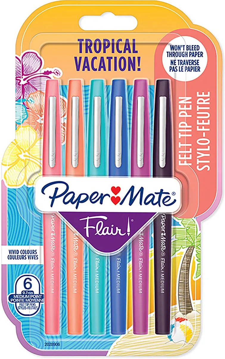 Flair-viltstiften | Medium punt (0,7 mm) | Diverse tropische-vakantiekleuren | 6 stuks von Paper Mate in Tropische vakantie – Produktfoto
