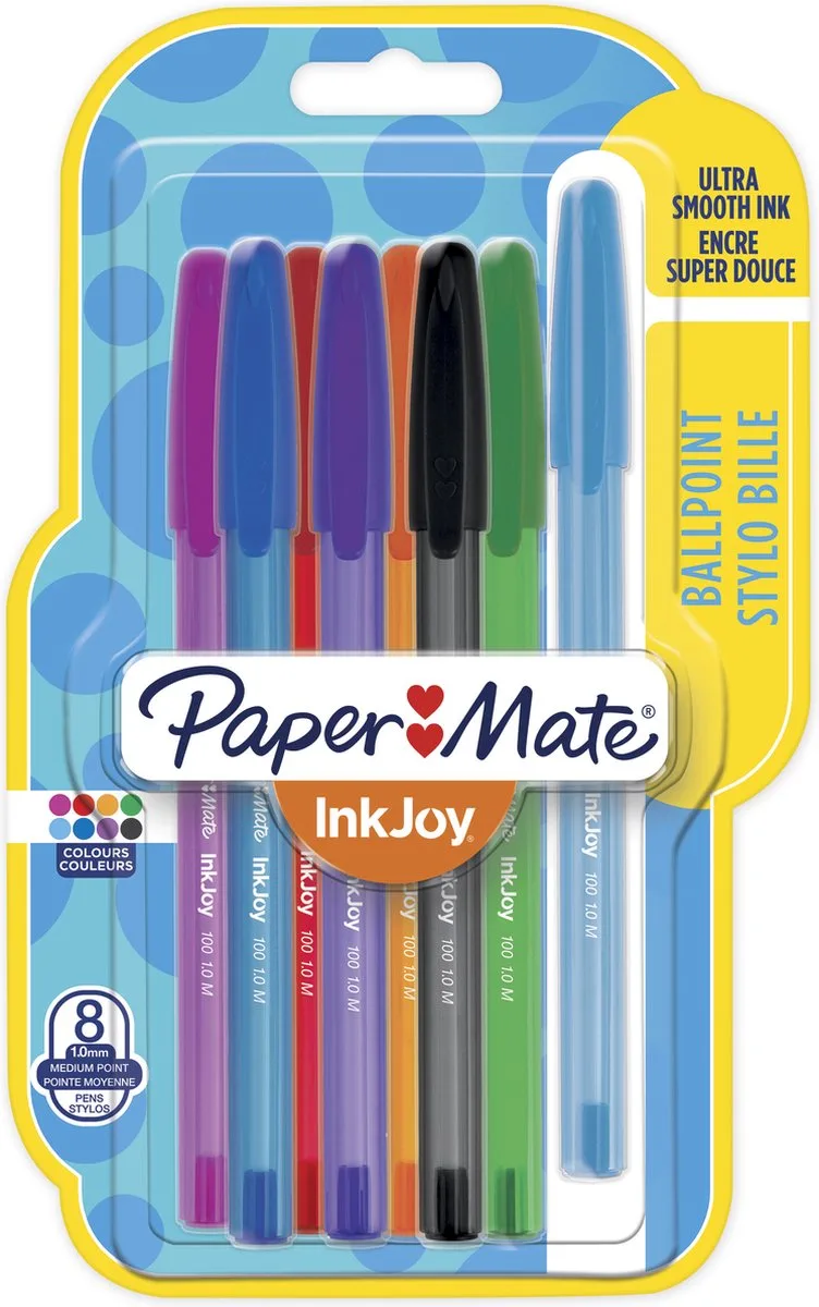 InkJoy 100ST-balpennen | Medium Punt (1,0 mm) | vrolijke kleuren | 8 stuks by Paper Mate – product photo