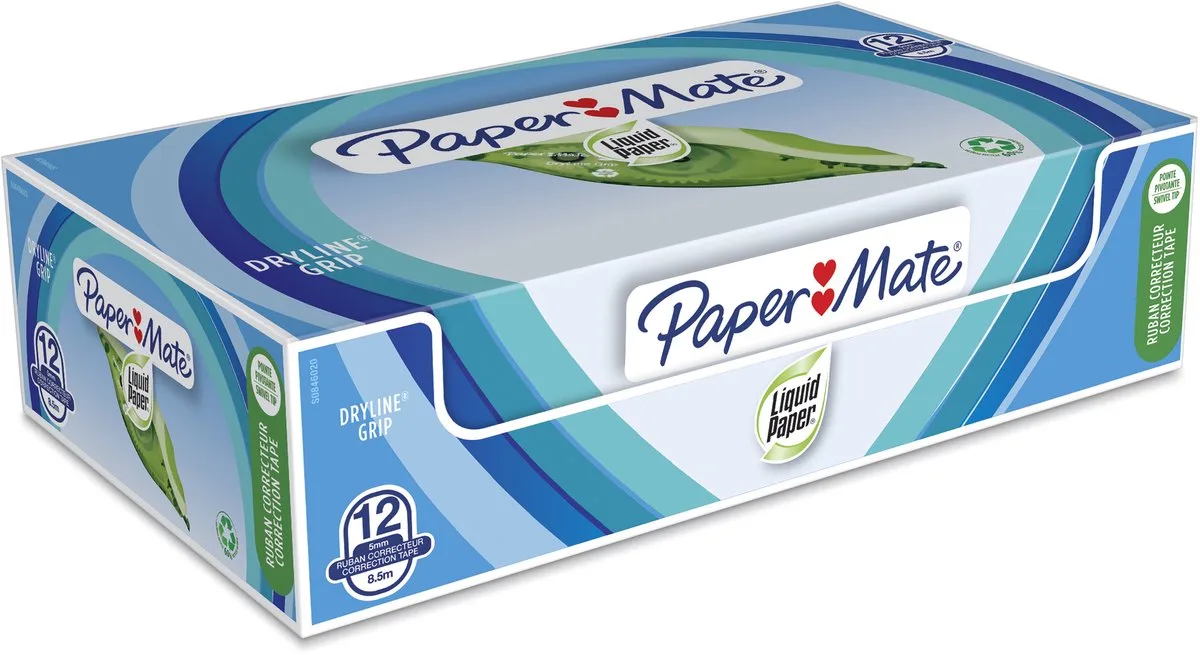vloeibare papier DryLine Grip correctietape | gerecycleerd | doos van 12 stuks van Paper Mate – productfoto