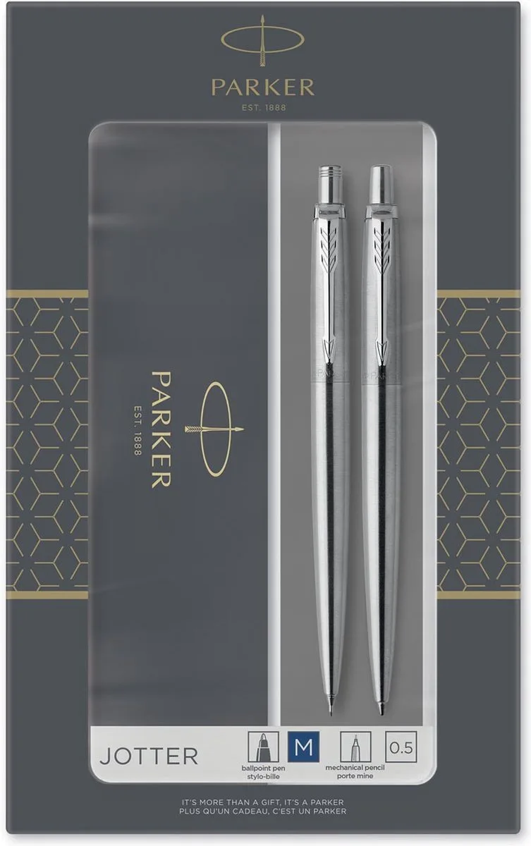 Balpen en vulpotlood Parker Jotter Steel zilver - geschenkdoos von Parker in Staal – Produktfoto