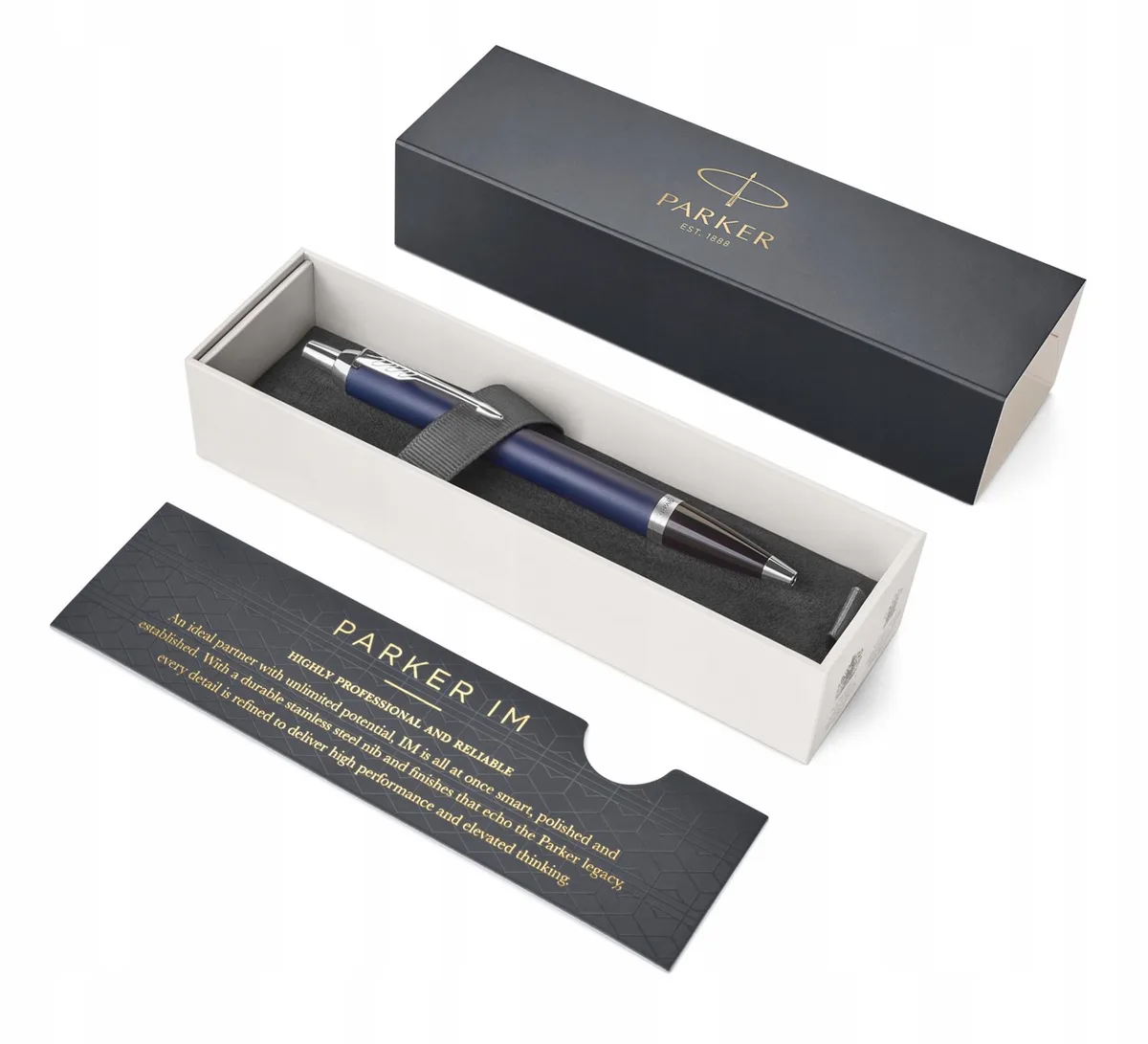 IM Balpen Navy Blauw met Zilveren Afwerking in Luxe Etui de Parker – photo produit