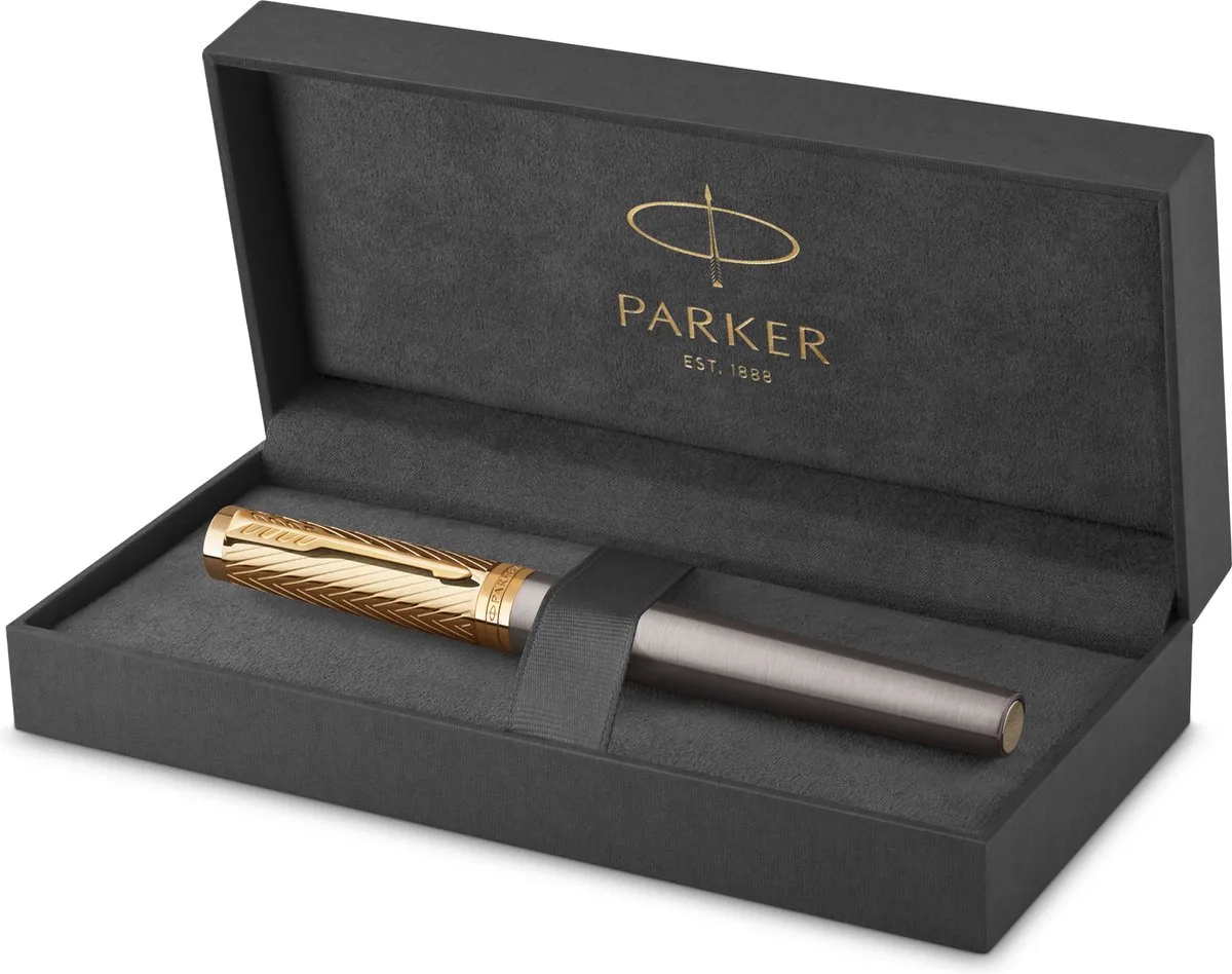 Ingenuity Parker Pioneers Collection rollerbalpen | grijze lak met gouden dop en details | fijn punt | zwarte inkt | met Geschenkdoos de Parker en Grijs met goud – photo produit