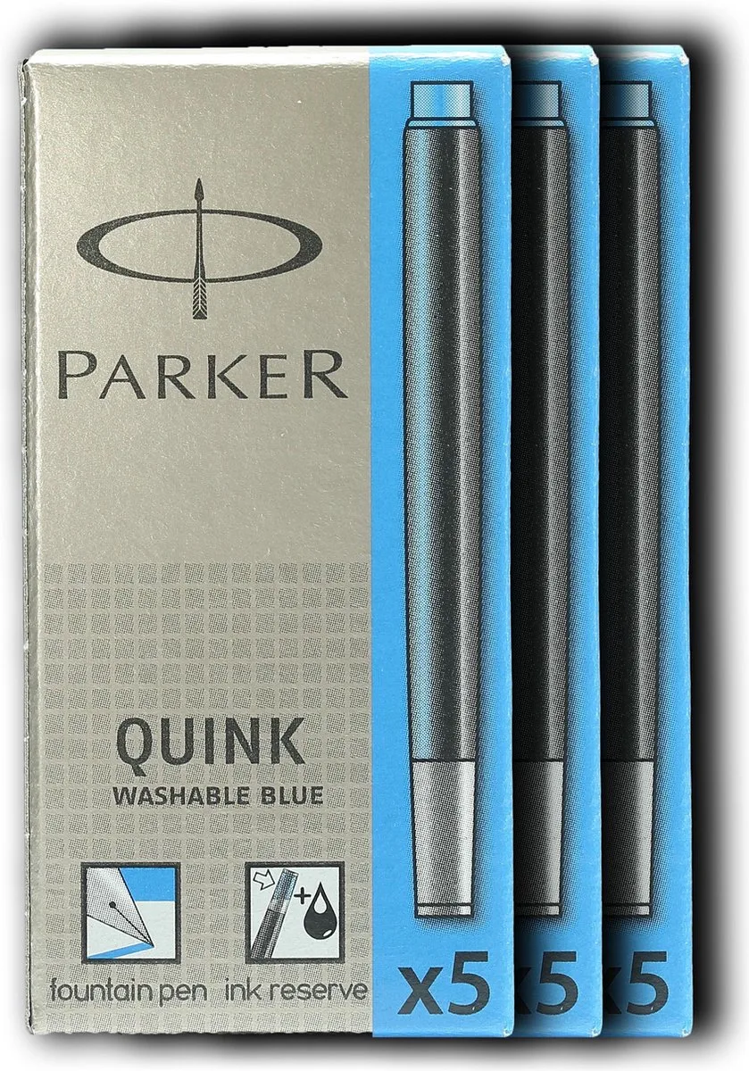 Inktpatronen - Penvulling -wasbare blauwe inktcartridge, Koningsblauw - 3 x 5 pakketten (15 stuks) de Parker en Bleu – photo produit