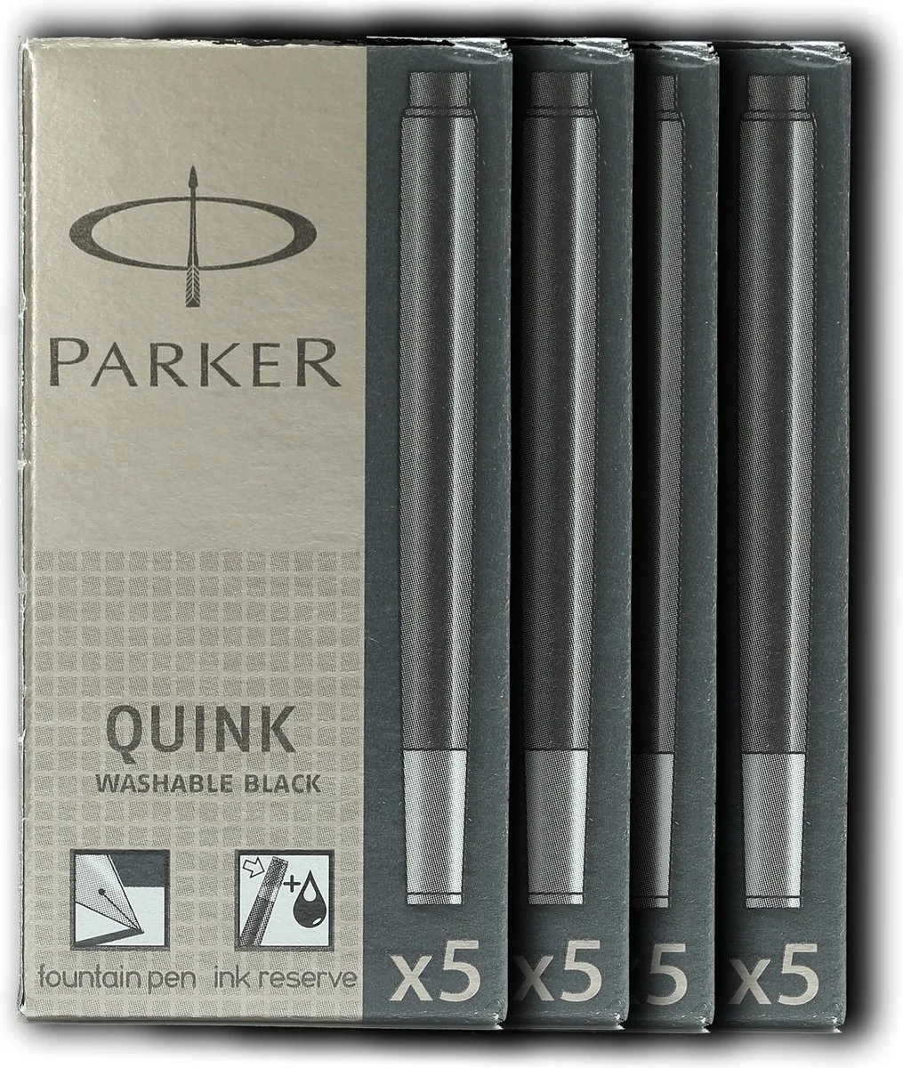 inktpatronen - Quink - Pen Vulling -wasbare Zwarte inktcartridge, 4 x 5 stuks. de Parker en Noir – photo produit