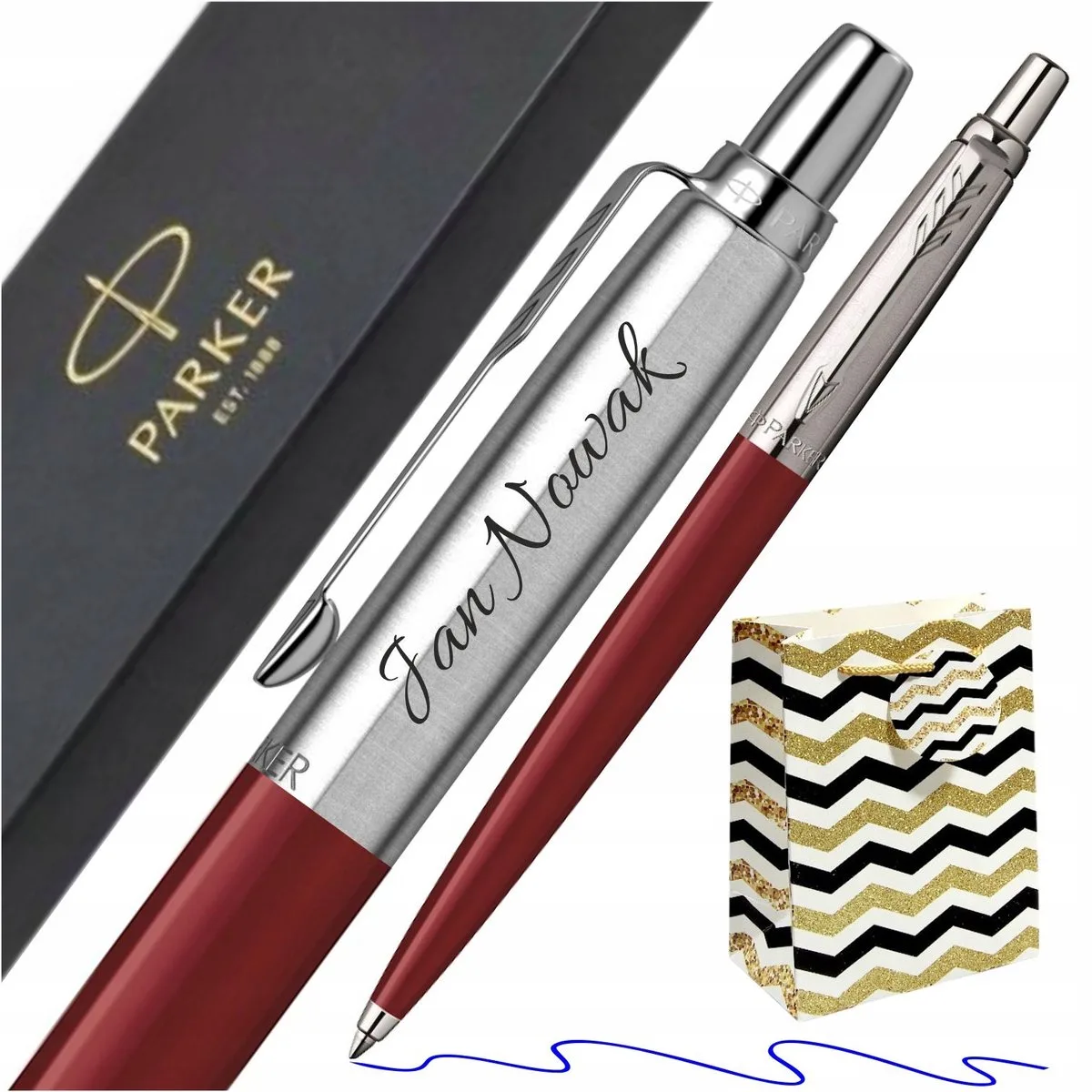 Jotter Drukmechanisme Pen met Gepersonaliseerde Gravure & Cadeautas de Parker en Rouge – photo produit