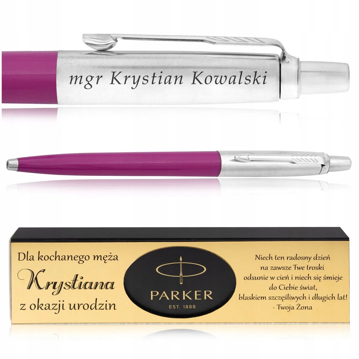 Jotter magenta balpen met gravure en elegante doos van Parker – productfoto