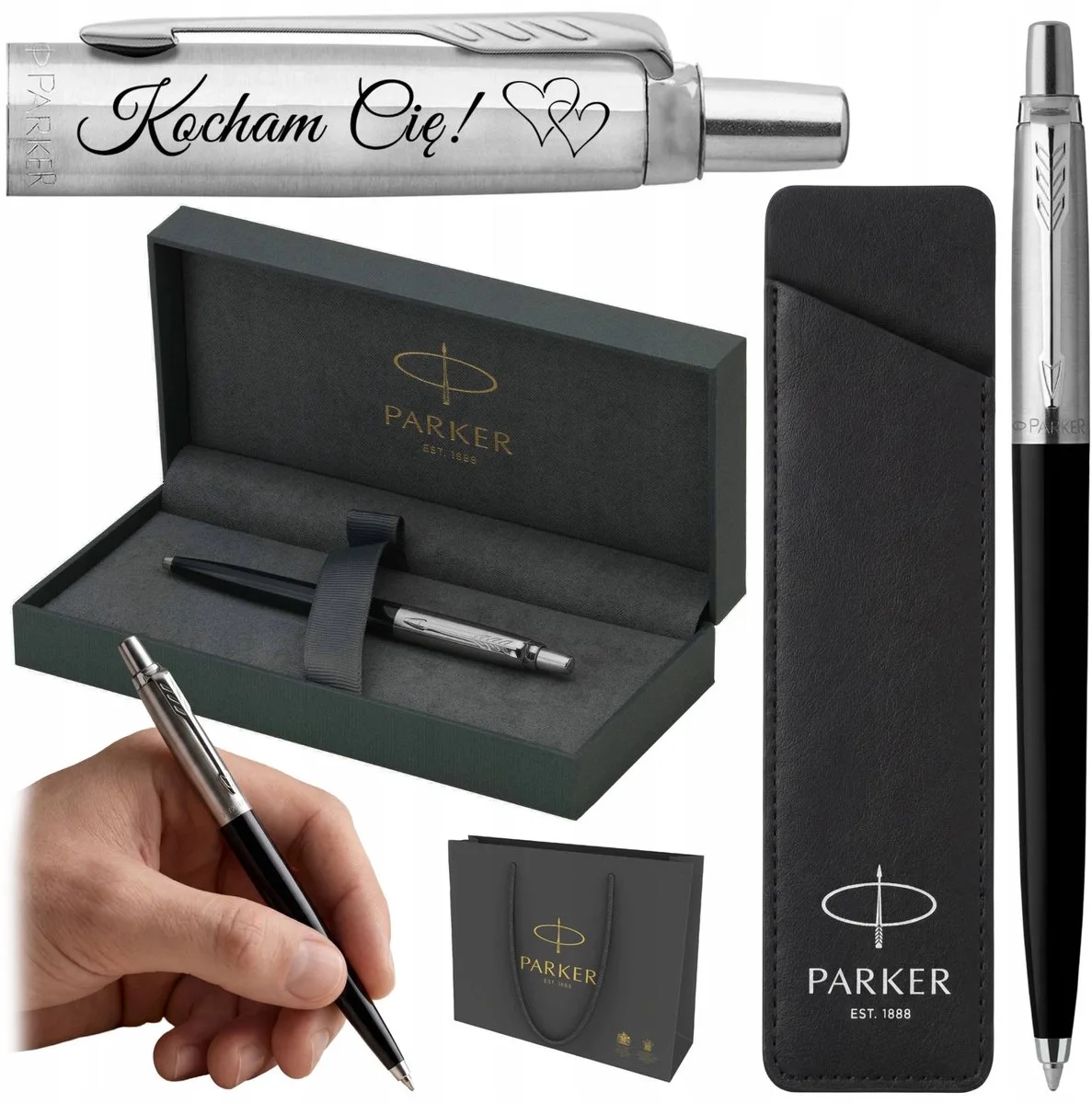 Jotter Pen Zwart met gravure en leeretui - perfect cadeau de Parker – photo produit