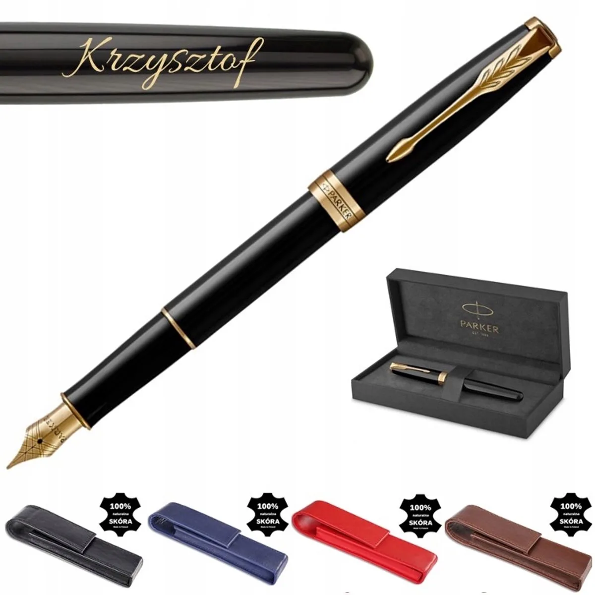 Sonnet Vulpen Gelakt met Gravure & Lederen Etui - Cadeau fra Parker i Sort – produktbillede