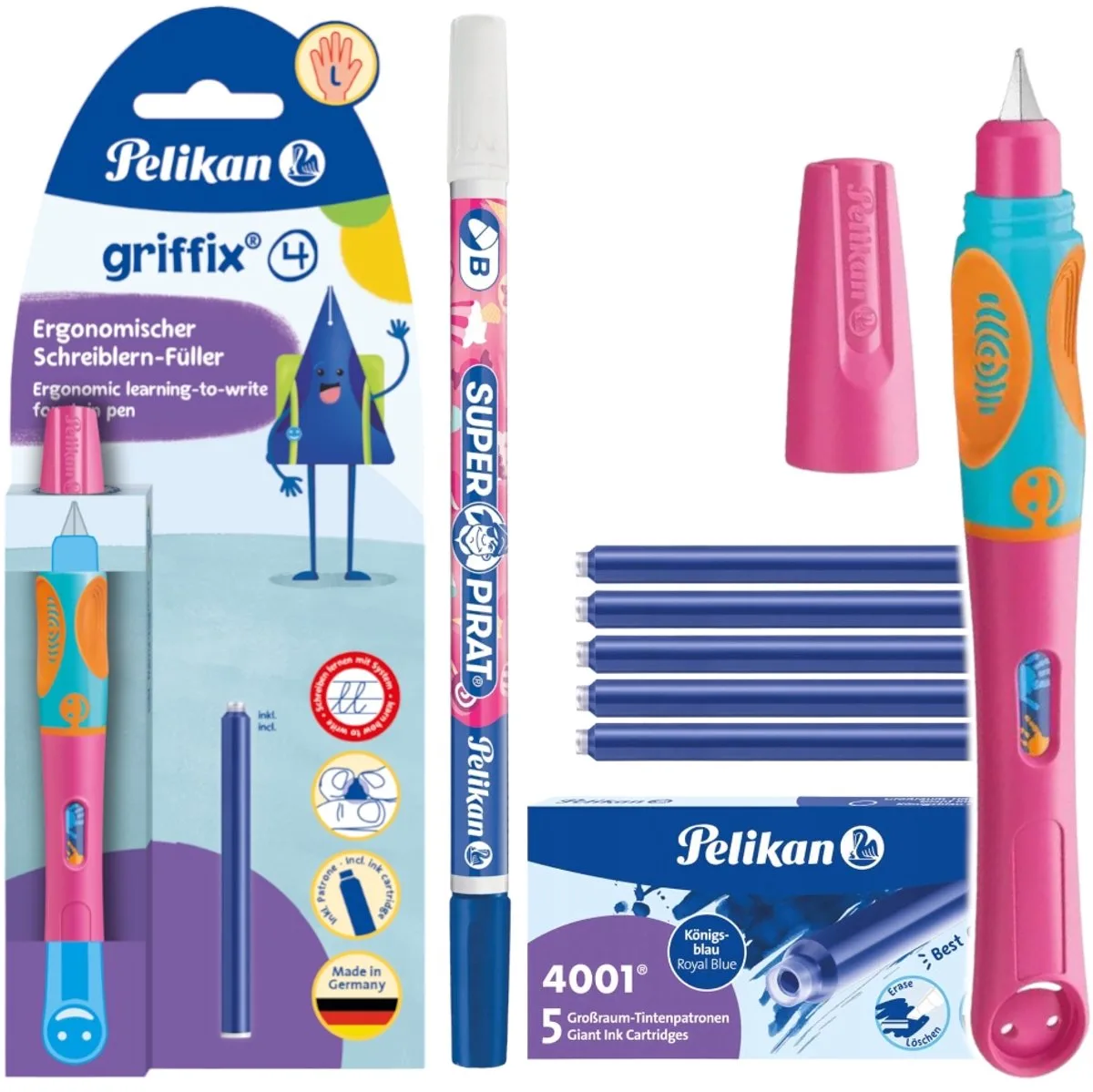 Griffix Linkshandig Schrijfpakket: Veer, Inkt & Gum de Pelikan en Bleu – photo produit