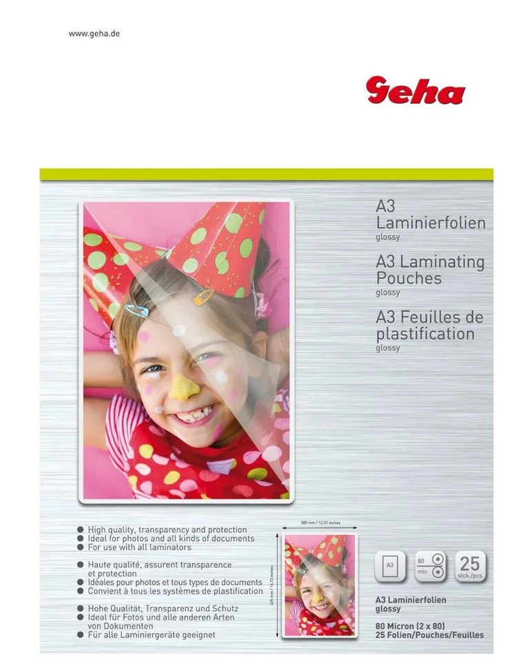 Laminiergerät 25x Geha Laminierfolie DIN A3, Stärke 2x 80 micron Laminierfolien Laminiertaschen von Pelikan – Produktfoto