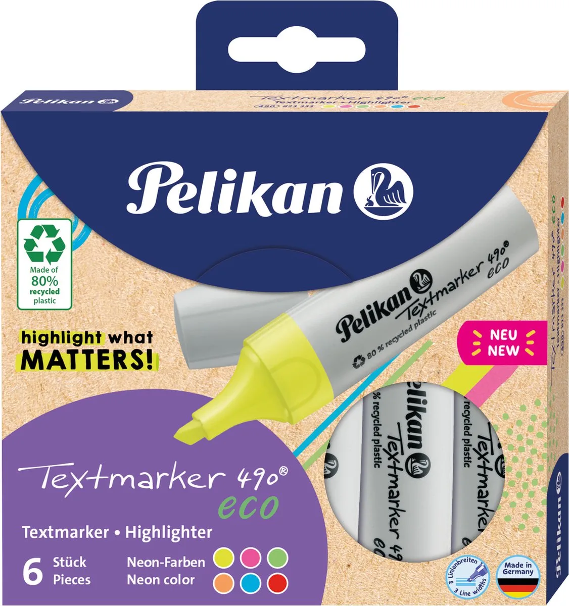 Pelikan 490 Eco markeerstiften - 6 stuks - neonkleuren de Pelikan en Multicolore – photo produit
