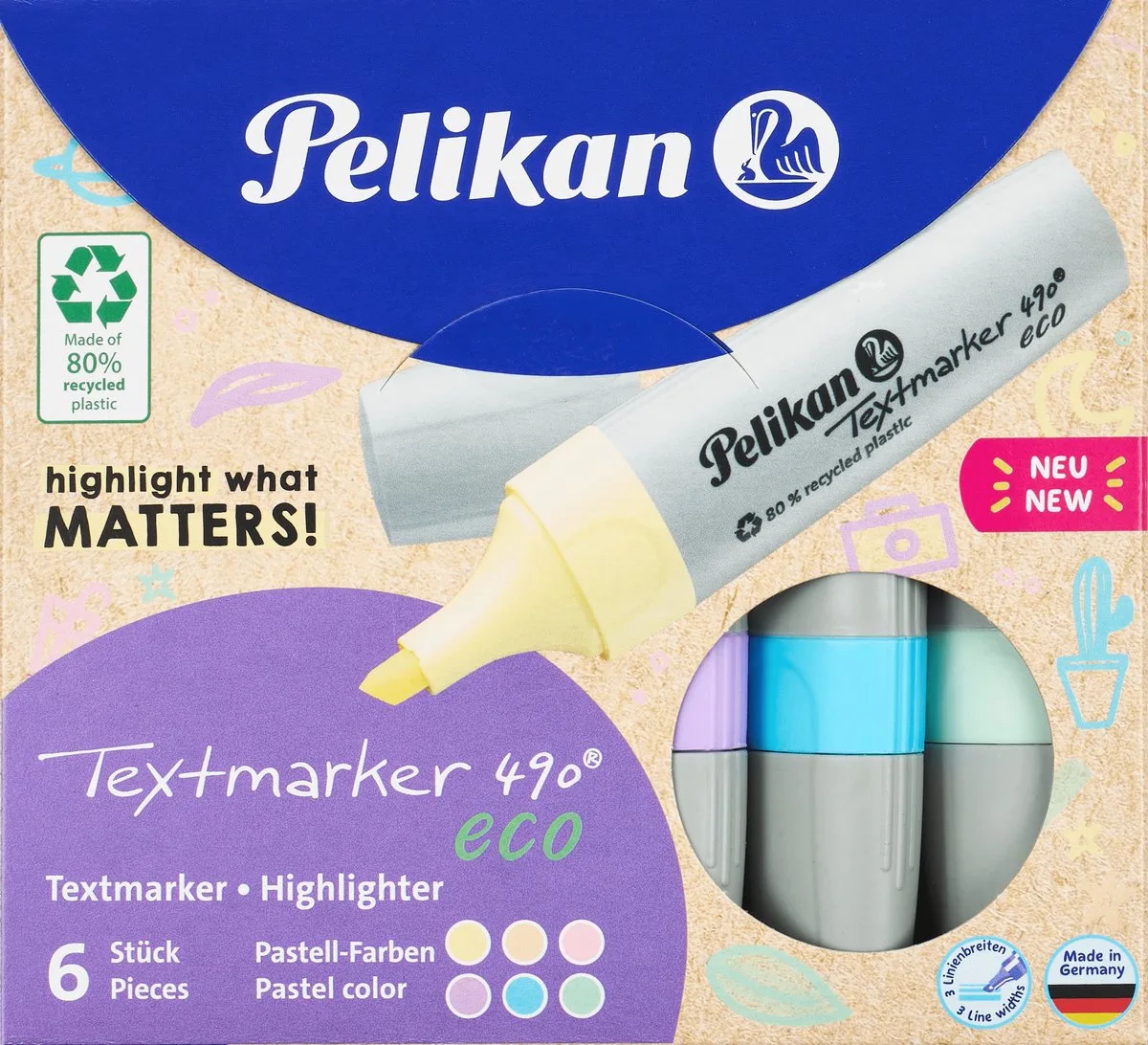 Pelikan 490 Eco Pastel markeerstiften - 6 stuks - pastelkleuren de Pelikan en Pastel (eco) – photo produit