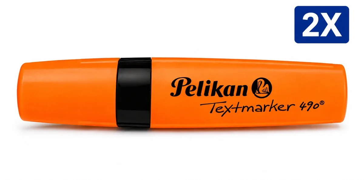 Pelikan 490 Markeerstift - Set van 2 Stuks - Fluorescerende Highlighter Textmarker met Wigvormige Punt - Snel Drogend voor School Kantoor en Studie van Pelikan in Oranje – productfoto