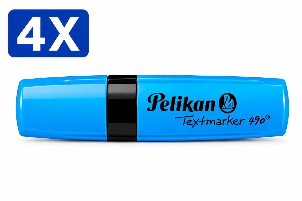 Pelikan 490 Markeerstift - Set van 4 Stuks - Fluorescerende Highlighter Textmarker met Wigvormige Punt - Snel Drogend voor School Kantoor en Studie van Pelikan in Blauw – productfoto