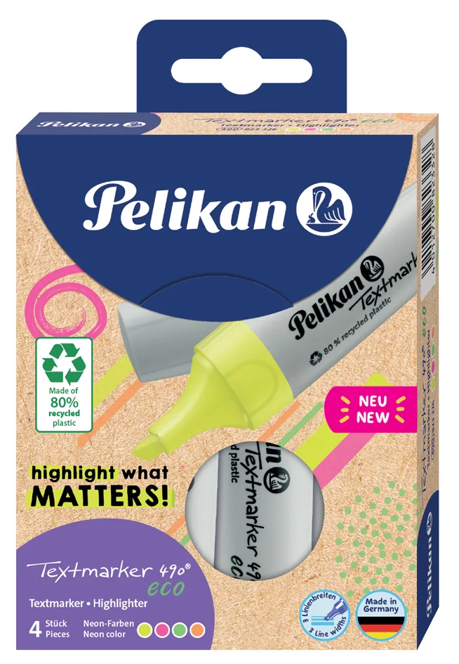 Textmarker 490 eco, 4er Etui Neon-Farben van Pelikan – productfoto