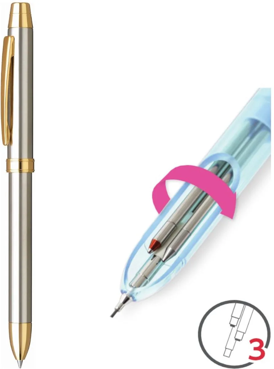 ELE-SS - Zilver - Multifunctie balpen - Blauw en Rode inkt 0.7mm - Vulpotlood 0.5mm van Penac in Goud – productfoto