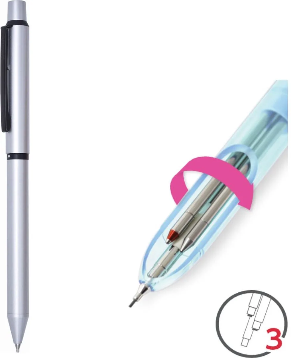 Multisync 207 multipen - 0.7mm Rode & Blauwe inkt - 0.5mm Vulpotlood van Penac in Zilver – productfoto