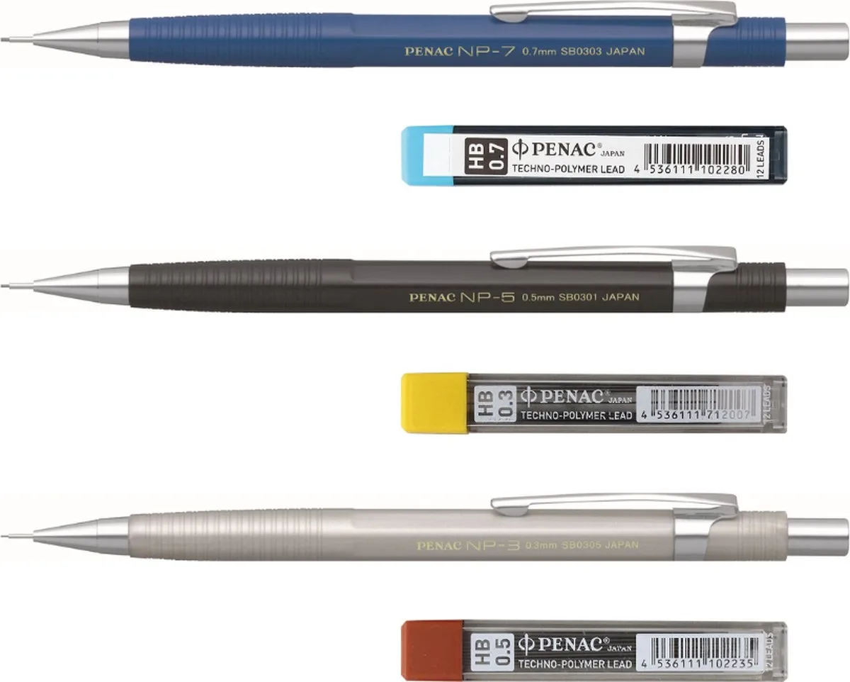 NP Vulpotlood set + Navulling - 0.3mm - 0.5mm - 0.7mm - 3 Mechanical Pencils von Penac in Silber – Produktfoto