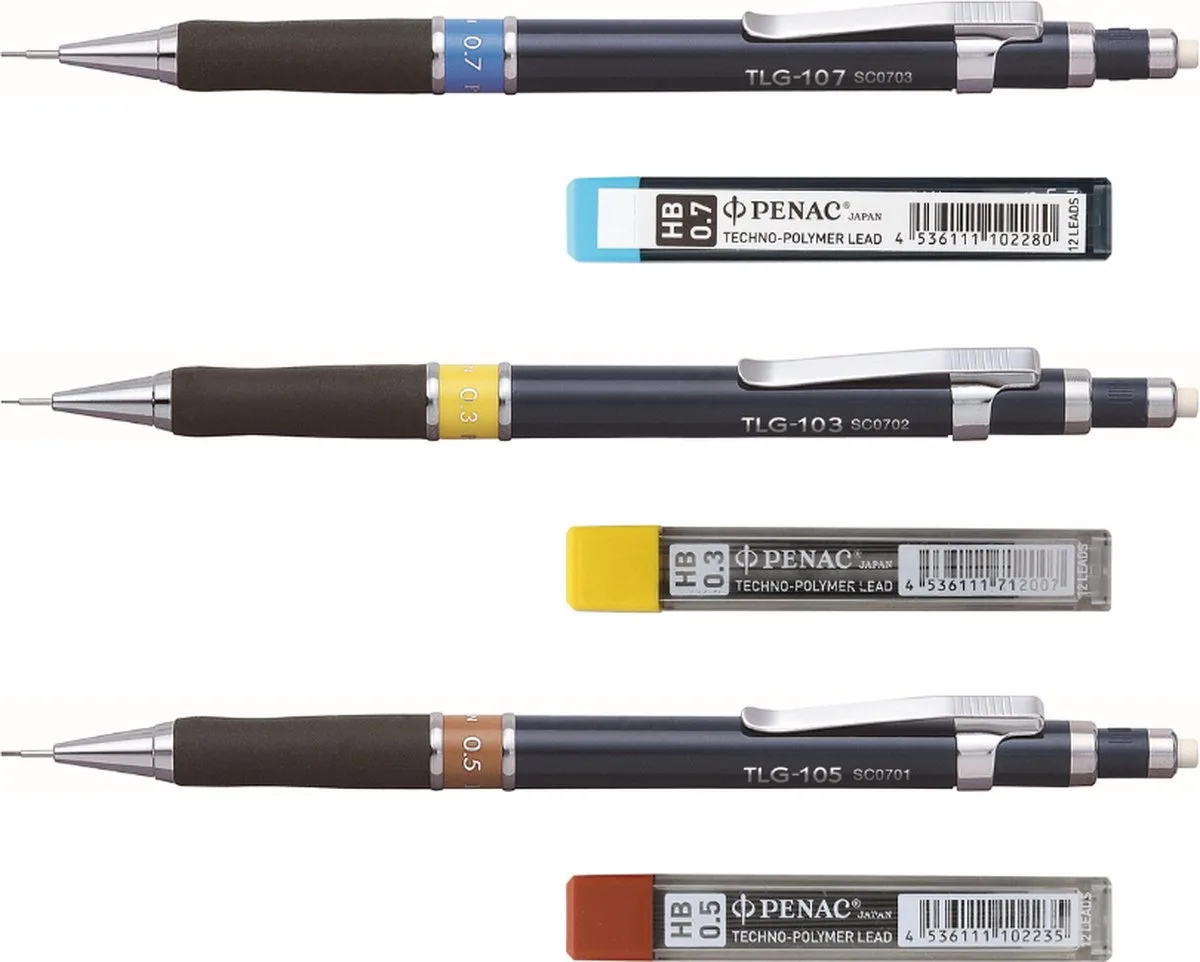 TLG-1 - Vulpotlood set + navulling - 0.3 - 0.5 - 0.7 mm - 3 Mechanical Pencils van Penac in Blauw – productfoto