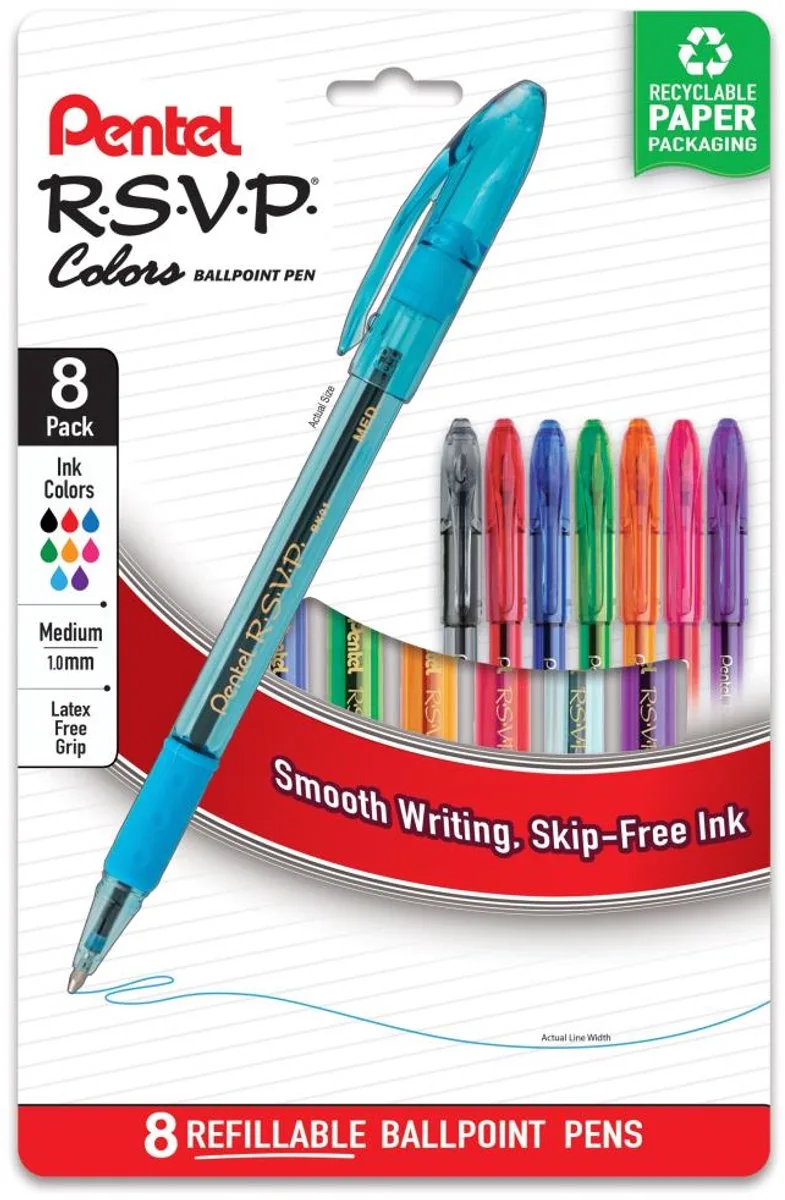 Balpen - Zwart, Blauw, Groen, Lichtblauw, Oranje, Roze, Rood, Violet - 8 stuk(s) - BK91CRBP8M von Pentel in Schwarz, Blau, Grün, Hellblau, Orange, Rosa, Rot, Lila – Produktfoto