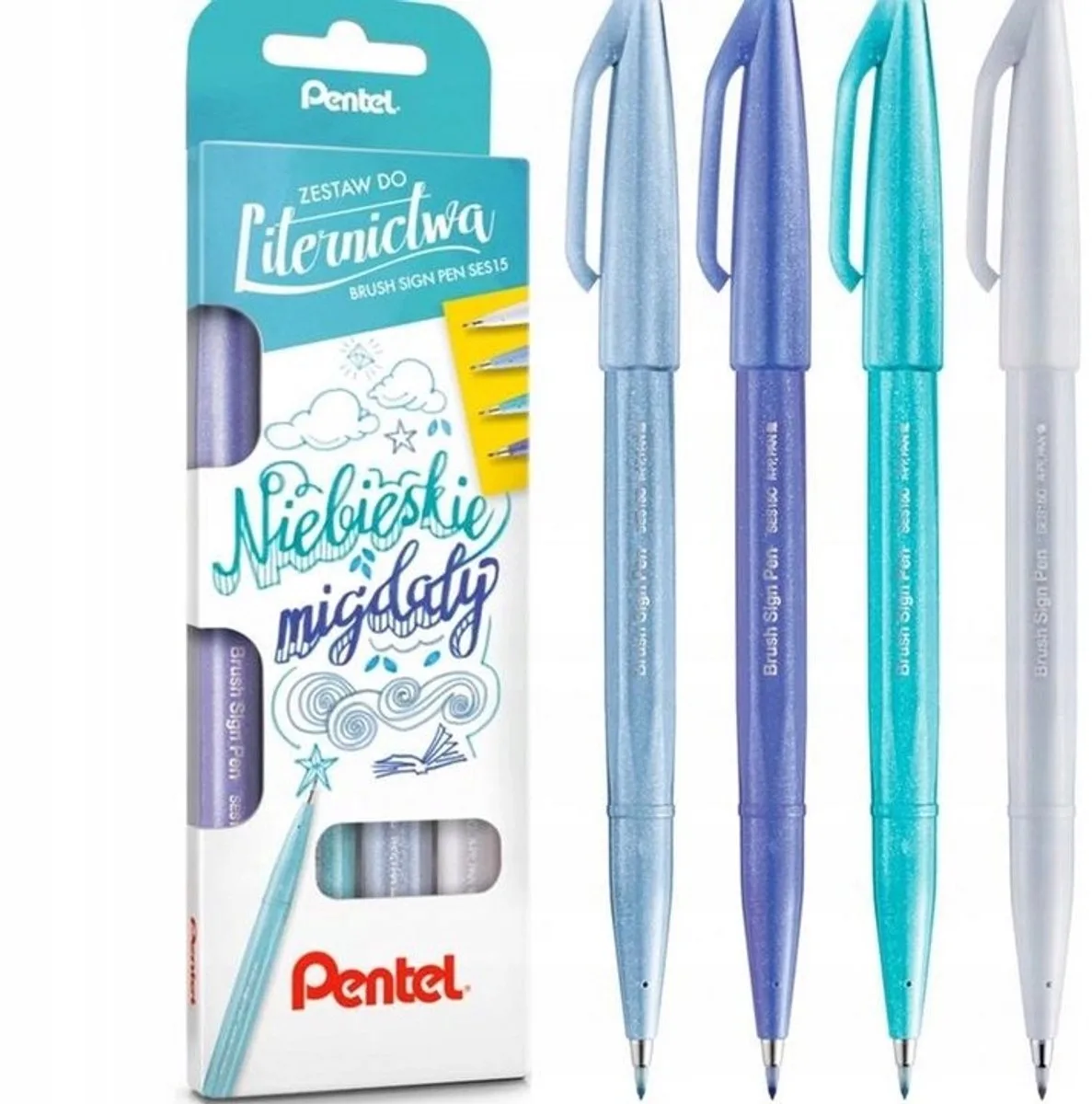 Brush Sign Pen Kalligrafie Markers Set - 4 Kleuren de Pentel en Blauwpaars – photo produit