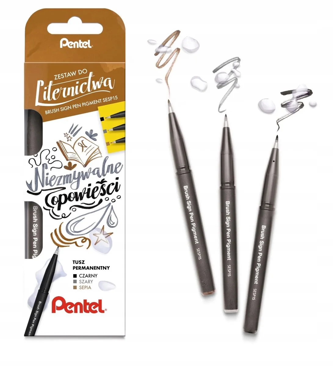 Brush Sign Pen Set voor Handlettering - Zwart, Grijs, Sepia van Pentel in Zwart, Grijs, Sepia – productfoto