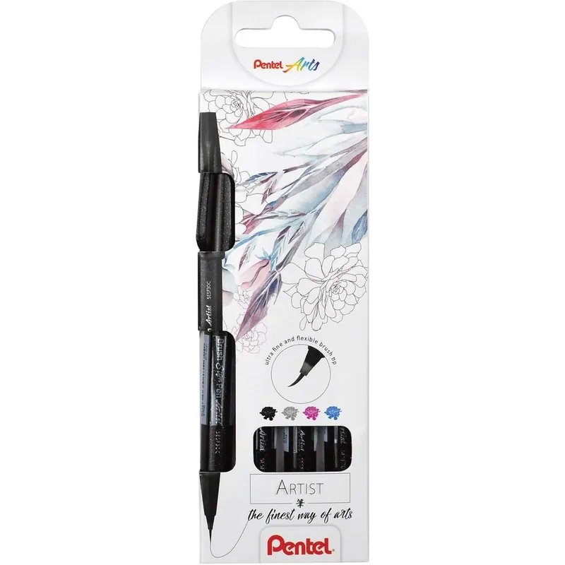 brushpen Artist, kartonnen etui met 4 stuks: zwart, grijs, turkoois en roze van Pentel – productfoto