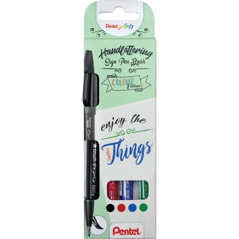 brushpen Sign Pen Brush Touch, kartonnen etui met 4 stuks: zwart, blauw, rood en groen by Pentel – product photo