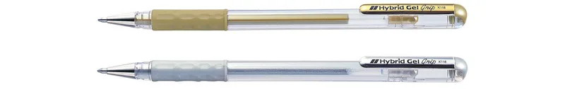 Gel-Tintenroller K118, gold und silber, Display von Pentel – Produktfoto