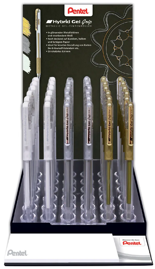 Gel-Tintenroller K118, weiß, gold und silber, Display von Pentel – Produktfoto