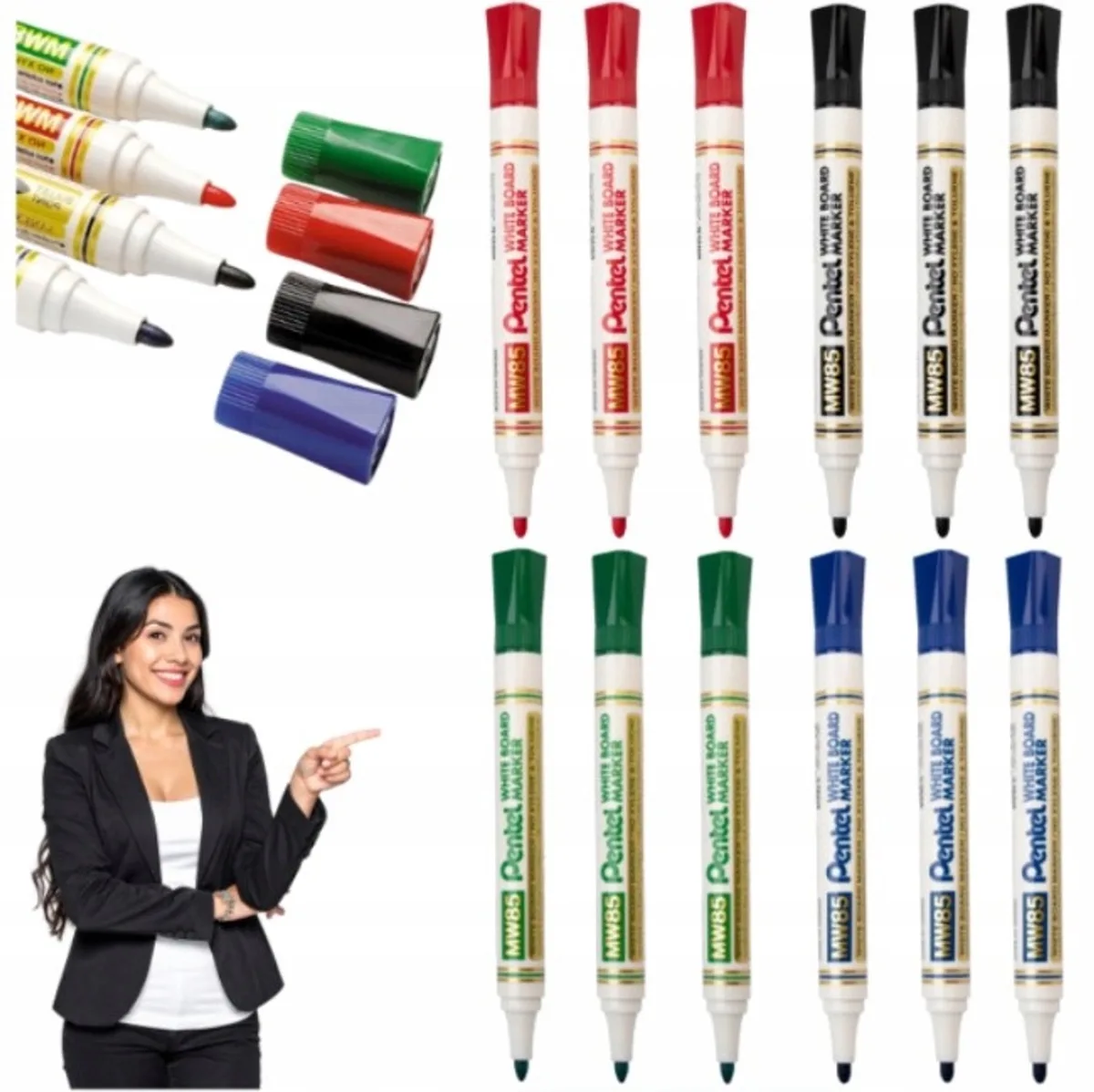 MW85 Whiteboard Markers, 12 Stuks, Sneldrogend van Pentel in Mix Kleuren – productfoto