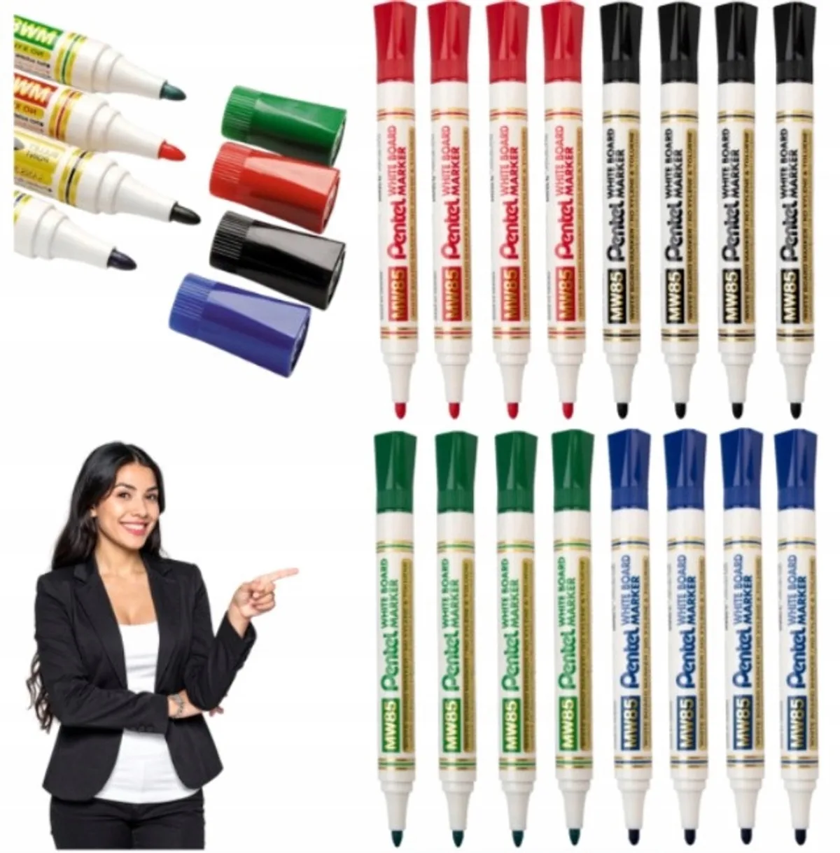 MW85 Whiteboard Markers Set - 16 Stuks, 4 Kleuren van Pentel in Zwart, Blauw, Rood, Groen – productfoto