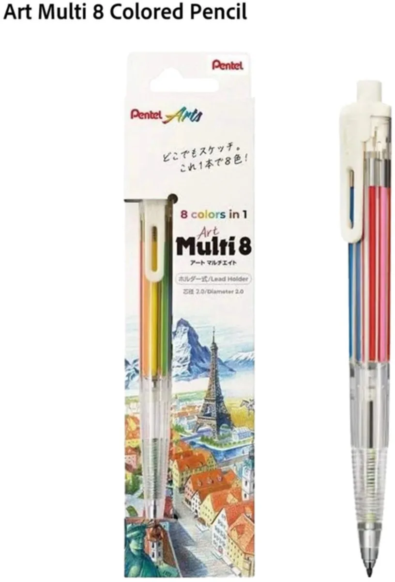 Pentel 2.0mm Multi 8 Vulpotlood - 8 kleuren in 1 + een 2.0mm Puntenslijper + een Pentel Gumhouder + EXTRA Refill van Pentel – productfoto